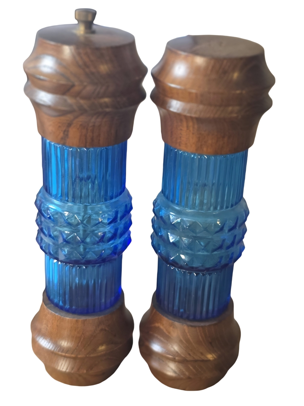 Vintage MCM 70's Cobalt Blue Glass Wooden Salt & Pepper Grinder Set